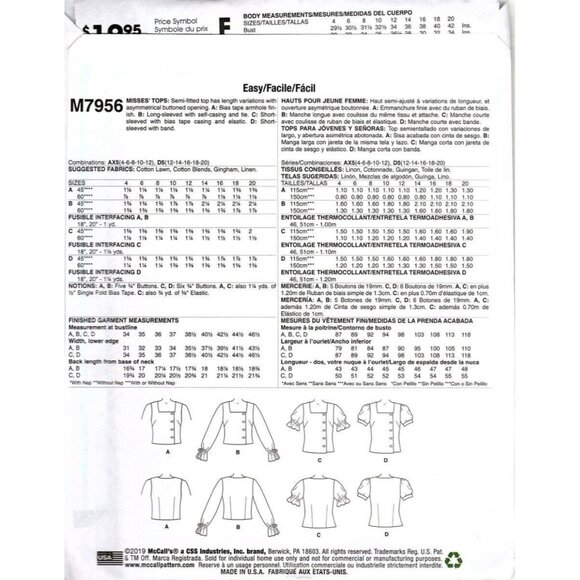 McCall's M7956 Misses 4 to 12 Button Up Top Uncut Sewing Pattern - Picture 2 of 2